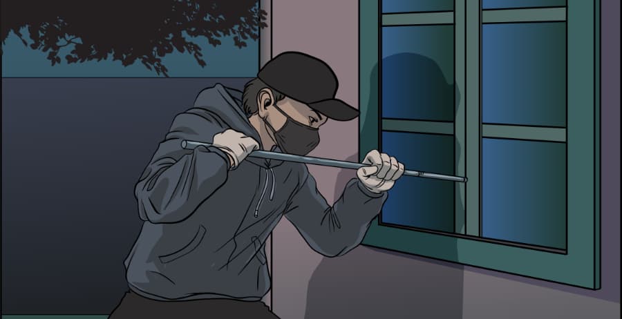 Illustration of burglar forcing entry through a window in Kansas City